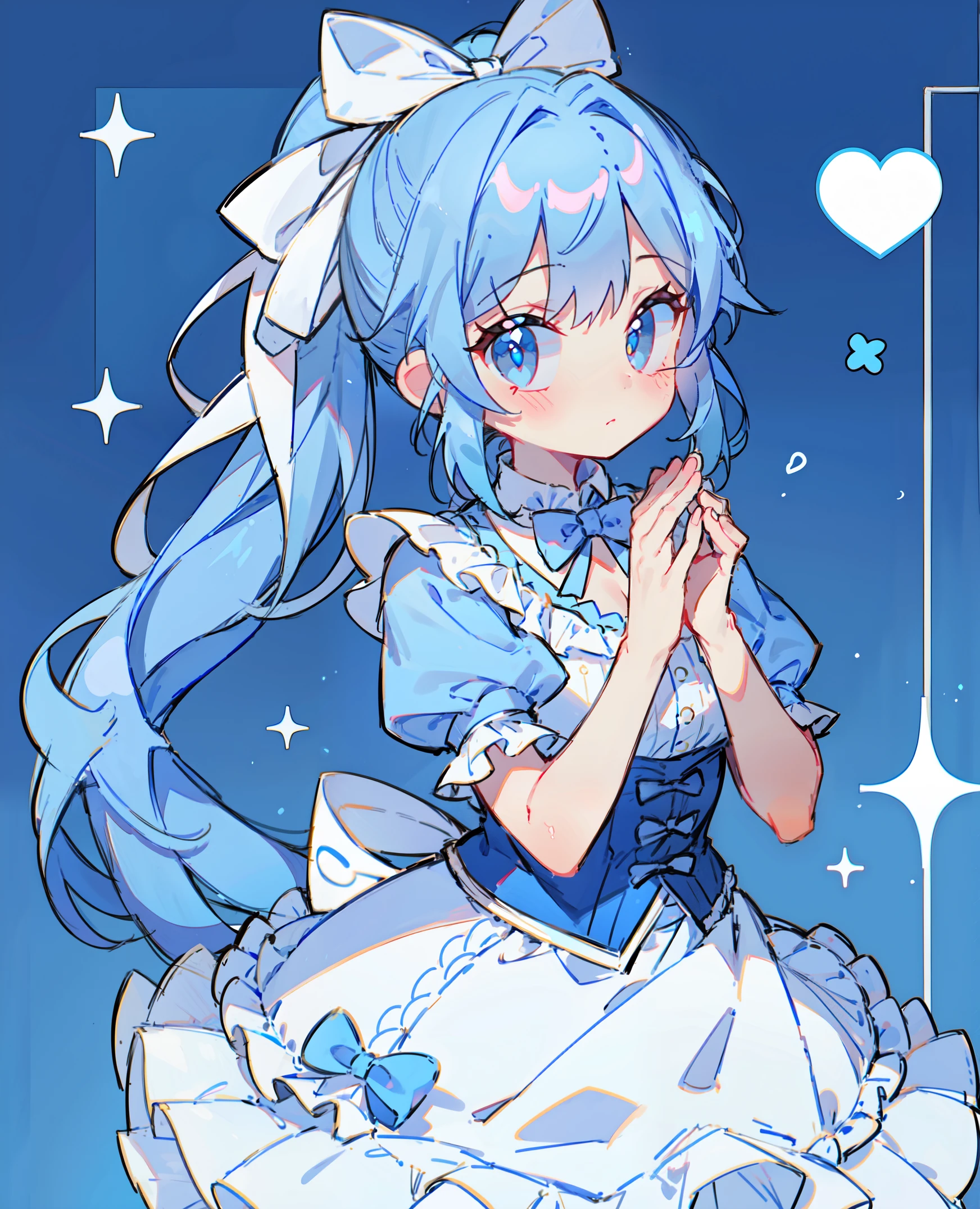 1 girl in, blue hair, Long double ponytail, blue shirt, puffy collar, White fluffy skirt,  heart and your hands, White ribbon on hair, Lots of hair accessories, Lolita prostitute