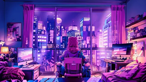 girls are traders, pink theme, style anime, computer, living room, in the computer screen is chart stock night light , (extremel...