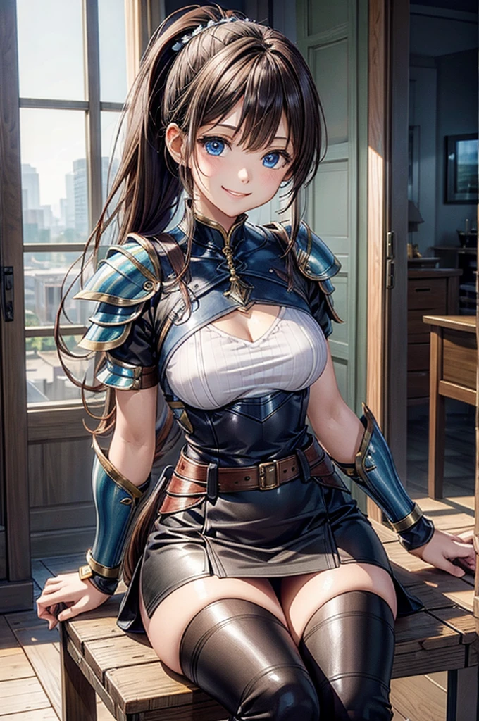 one girl, (Smiling smile:1.3), (18 year old beautiful girl:1.3),
BREAK is, (Warrior armor、pencil skirt:1.3),
BREAK is, Very fine eye definition, (Symmetrical eyes:1.3),(detailed eyes and face:1.0),
BREAK is, (grassland:1.3),
BREAK is, brown hair、((poneyTail、deep blue eyes:1.2))、shiny and smooth hair, 
BREAK is, (sit on a chair:1.0),
BREAK is, (Highly detailed CG unified 8k wallpaper, extremely detailed、)