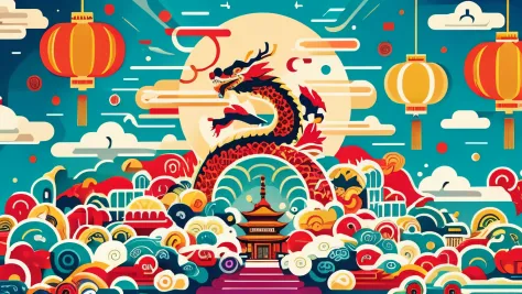 2024 Year of the Dragon Music Festival Poster，Chinese style illustratione festive，Highlight musical elements ，（There are requirements：date，，Information about the band and other appearances）