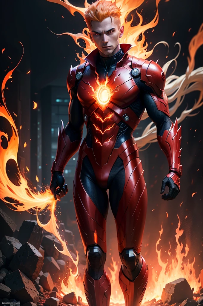 a man with glowing eyes and a red suit standing in front of a fire, incredible background, human torch, glowing red veins, radiating power, avatar image, glowing red veins, glowing bright veins, cyberpunk flame suit, 8 k very detailed ❤🔥 🔥 💀 🤖 🚀, glowing veins, dark supervillain, 1024px profile picture, fire demon