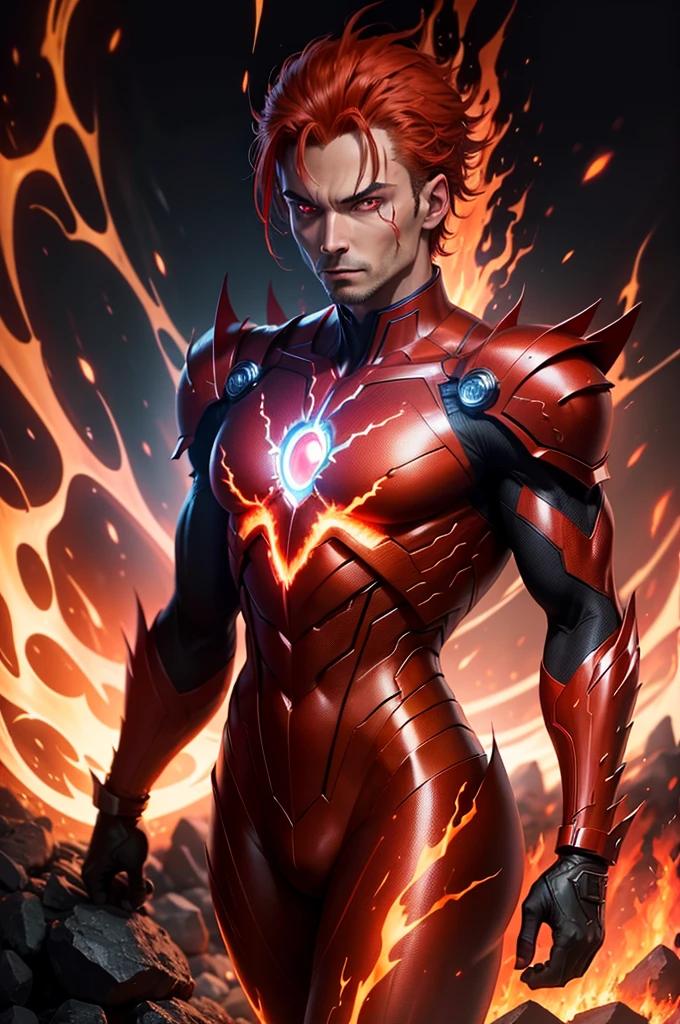 a man with glowing eyes and a red suit standing in front of a fire, incredible background, human torch, glowing red veins, radiating power, avatar image, glowing red veins, glowing bright veins, cyberpunk flame suit, 8 k very detailed ❤🔥 🔥 💀 🤖 🚀, glowing veins, dark supervillain, 1024px profile picture, fire demon