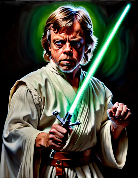 (melhor qualidade, realistic:1.37) Mark Hamill como Luke Skywalker, powerful with the Force, escolhido, em um fundo escuro e sinistro, empunhando um sabre de luz verde, corpo inteiro. [intense expression], [Cabo Fluindo], [postura de batalha intensa]: (oil...