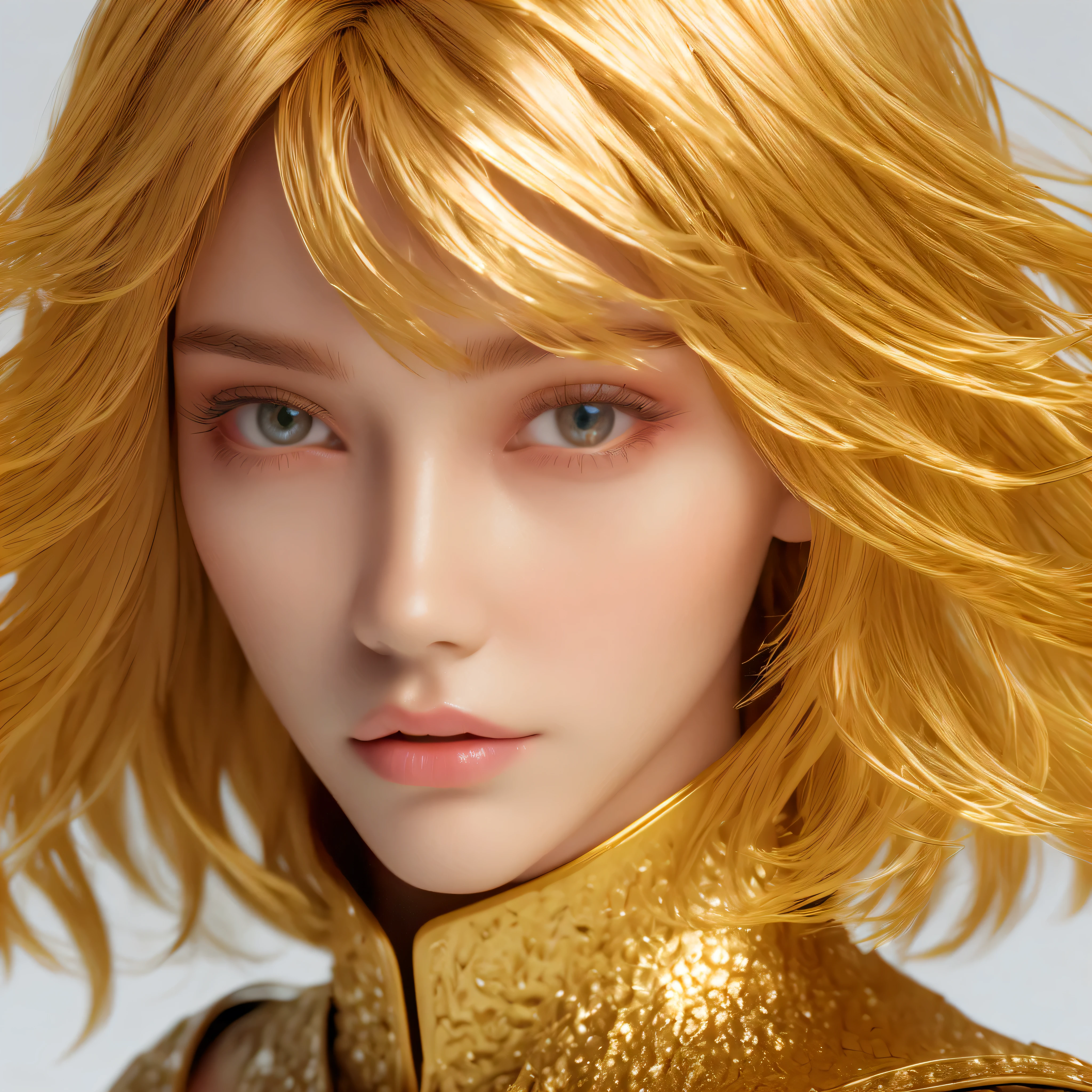 Knight of the Zodiac Aiolia de Leo, gold skull with white cape, attack at the speed of light, Saint Seya, (STYLE V-RAY!!!), (REALISTIC METAL texture), realistic hair!!! (shiny gold), (realistic texture:2.0), (HDR:1.2), (4K), BLOND HAIR LONG, tiro de fully body!!!, camera low, Super detailed COSTUME ( armour), costume with precious stones, wide shoulder pads, Woman, rosto angelical, symmetrical face, seduce, defined muscular thighs, MAJESTY THRONE ROOM, fully body, mostre as flegs de calcinha dourada brilhante relusente, sensual blue eyes, white thigh highs, flegs, red mouth, small eyes, fine nose, (ETHICAL ESLAVA), Caucasian skin, 22 year old girl skin clean, Caucasian skin, 2 girl skin clean, (perfects eyes!), hot girl,  (SENSUAL BELLIES!)