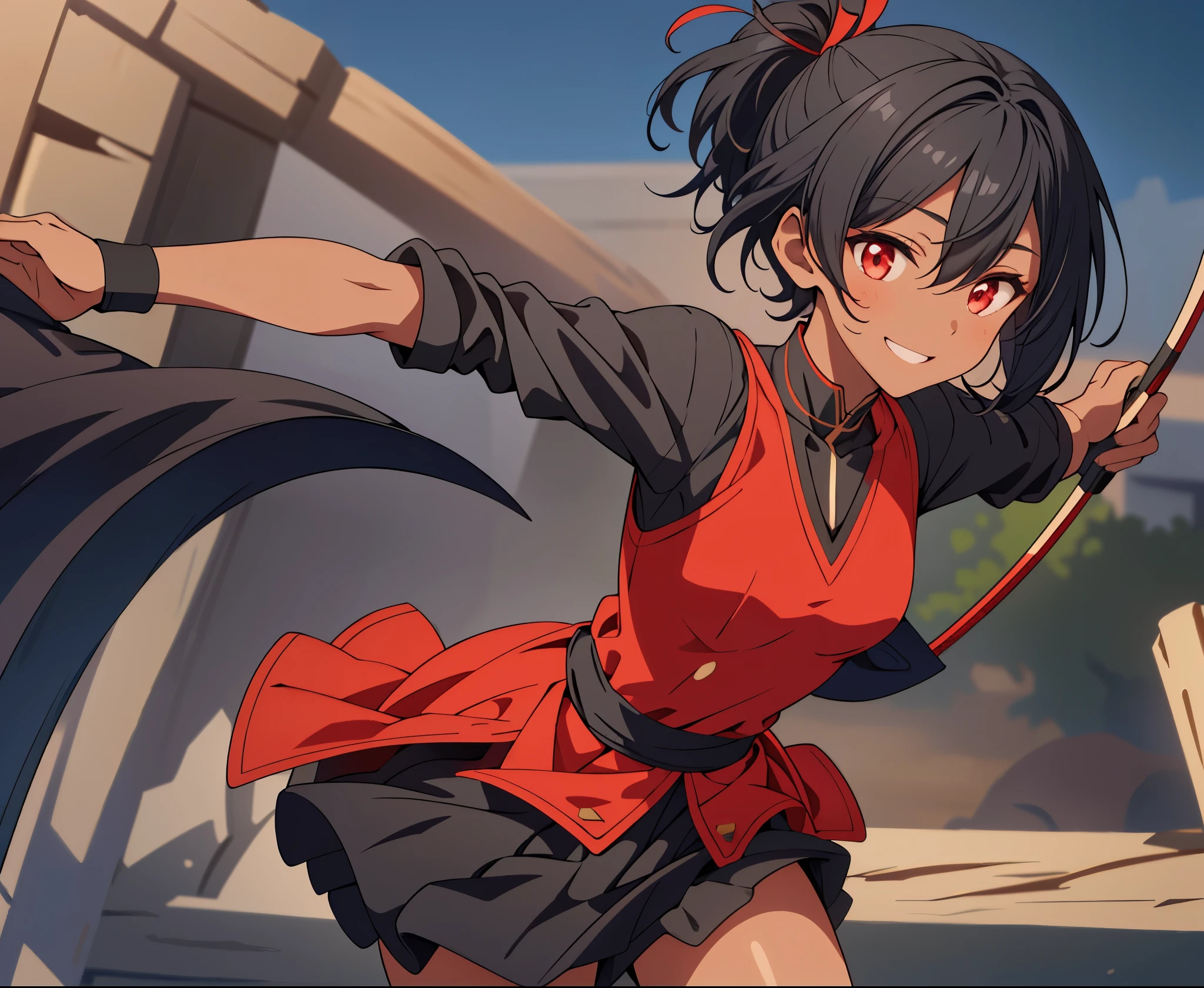 dreamy, (masterpiece), best quality, 1girl, Black short hair, amazing, beautiful detailed eyes, red eyes, fine details, depth of field, extremely detailed CG, ((Black skin)), Medieval outfit, Medieval black skirt, Medieval black shirt with red details, red sleeve, small breasts, muscular girl, korra, dark skin, dark-skinned female, ponytail, hair tubes, short hair, perfect anatomy, perfect hands, 1girl, solo,(high detailed skin:1.2), beautiful (skinny:0.8), (black skin:0.2), medieval background , smiling, Stop, Holding a bow and arrow aiming at the viewer