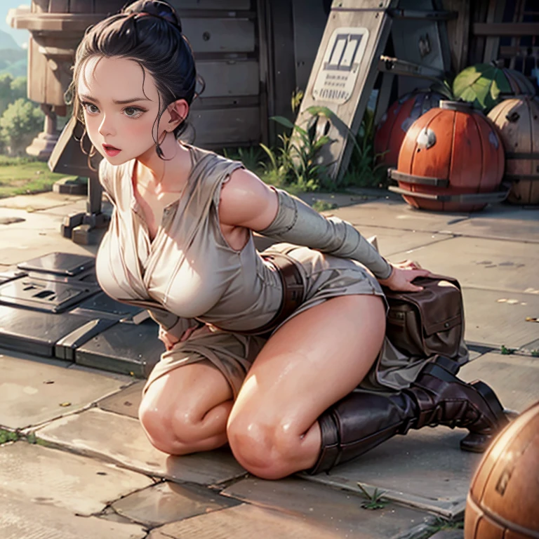 Rey star wars, overflowing breasts, big thighs, torn clothes, huge breasts, hands on boobs, round butt, in a desert hut, tight clothes, mouth wide open, slim, focus butt, tongue, erect nipples, head facing ass, arched back, cum, leather boots