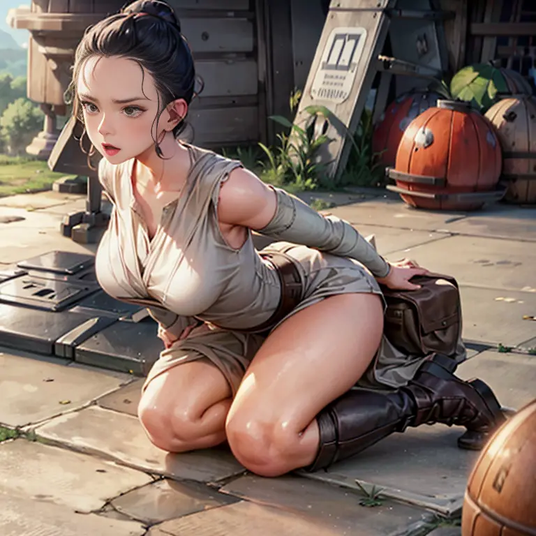 rey star wars, overflowing breasts, big thighs, torn clothes, huge breasts, hands on boobs, round butt, in a desert hut, tight c...