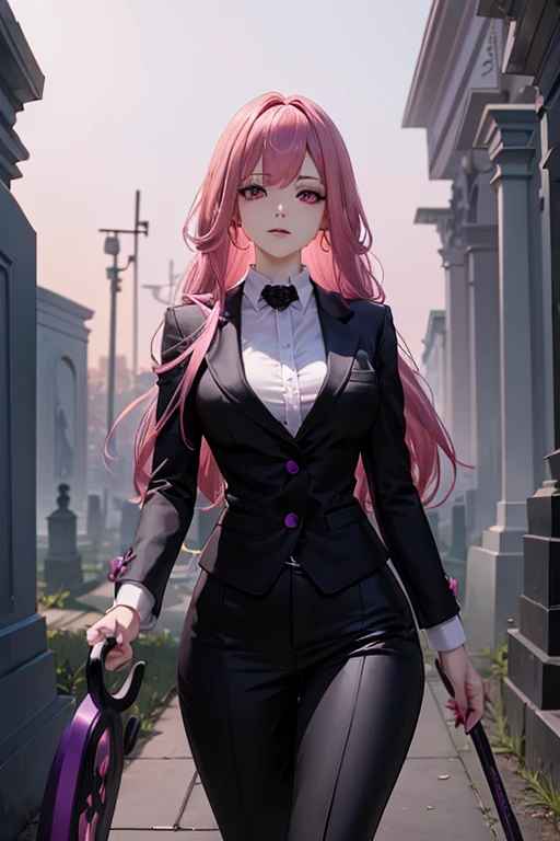 A pink haired female reaper with violet eyes and an hourglass figure is walking through the cemetery