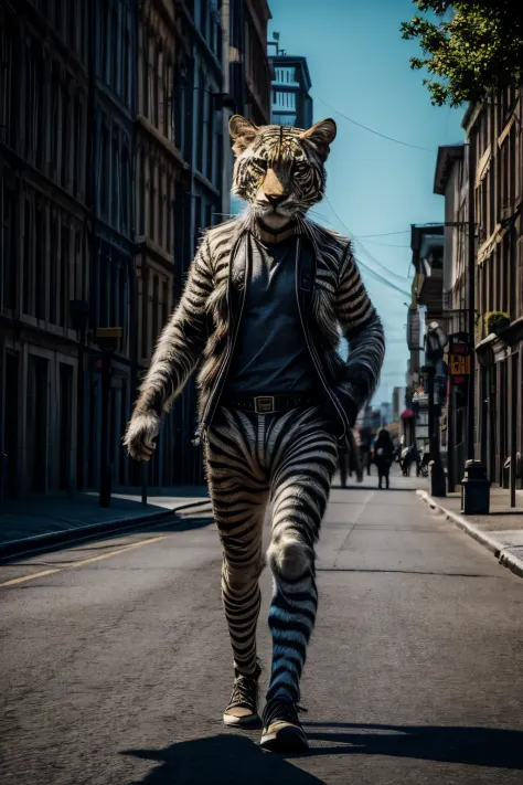 masterpiece, photorealistic:1.2, full body, (zebra:tiger:0.5), daylight, national geographic style, documentary style