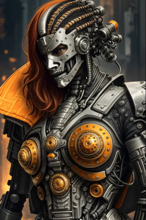 a close up symmetrical portrait of a cyberpunk gangster, biomechanical, mshn robot, splashes of orange red, hyper realistic, int...