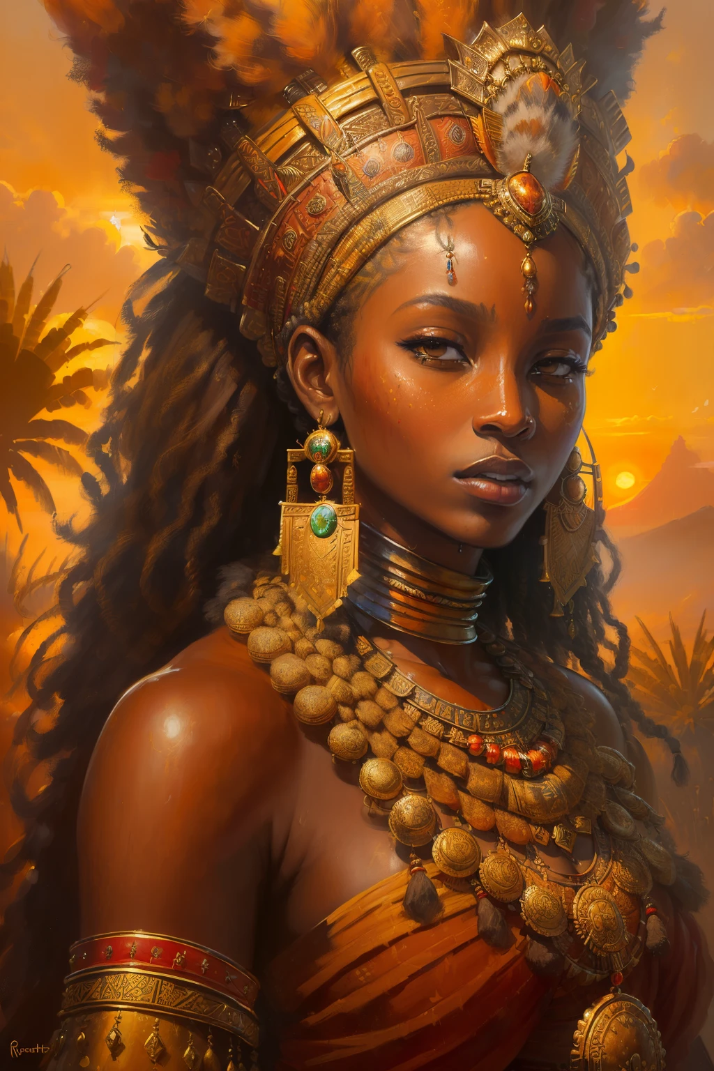 (masterpiece, UHD, oil painting, realistic, Greg Rutkowski style:1.3), Queen Nzinga, (17th-century African warrior attire:1.2), adorned with tribal jewelry, fierce expression, wielding a spear, African savannah background, setting sun, (warm hues of orange and red:1.2), detailed textures, rich colors, imposing presence, full body view, looking at viewer.
