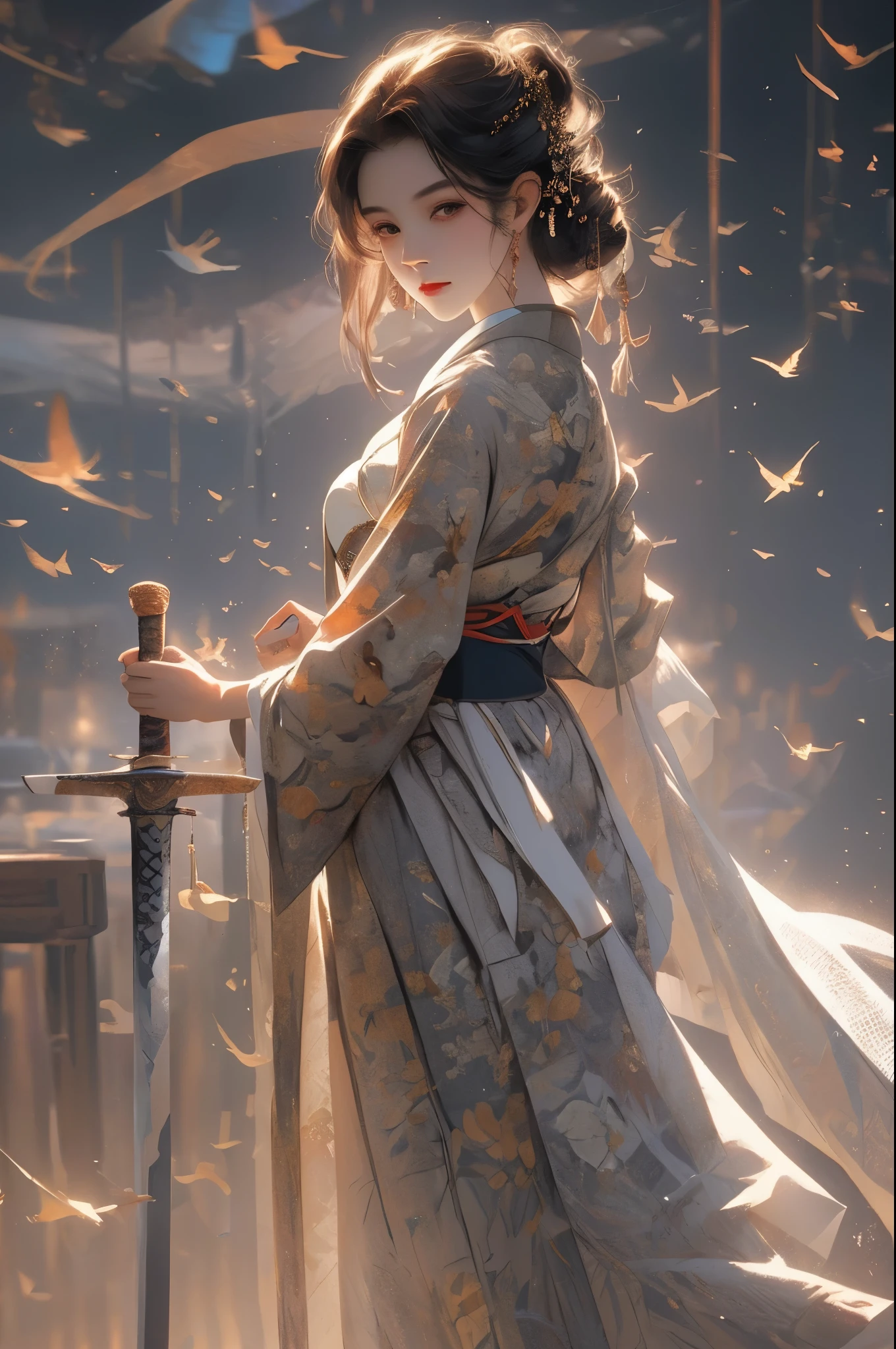 Masterpiece, A high resolution, High detail face, ( female swordsman is wearing a sword on the side: 1.2), (wearing a sword on the back: 1.2), (full body photo), (Showing off her long white thighs:1.4), (White Horse Face Skirt Hanfu), slim figure, detailed jewelry, lovely face, realistic, edge lit, bicolor lighting, (high detail skin: 1.2), 8K, Ultra HD, Digital SLR, soft lighting, volumetric light, high resolution, 8K, The background is blurred out,