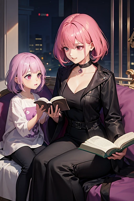 A pink haired female reaper with violet eyes and an hourglass figure and short hair is reading a book to a child. 
