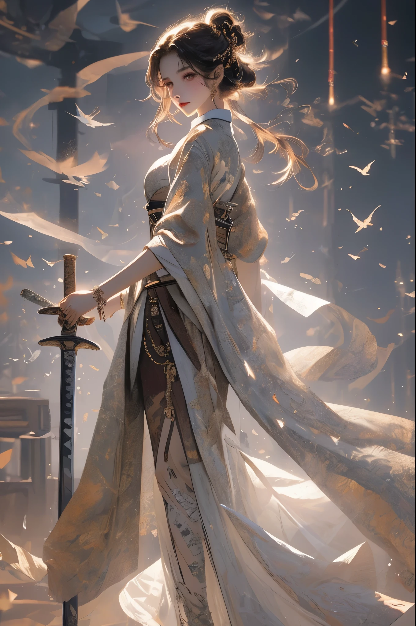 Masterpiece, A high resolution, High detail face, ( female swordsman is wearing a sword on the side: 1.2), (wearing a sword on the back: 1.2), (full body photo), (Showing off her long white leg:1.4), (White Horse Face Skirt Hanfu), slim figure, detailed jewelry, lovely face, realistic, edge lit, bicolor lighting, (high detail skin: 1.2), 8K, Ultra HD, Digital SLR, soft lighting, volumetric light, high resolution, 8K, The background is blurred out,