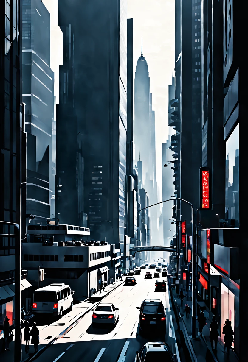 Type of Image: Concept Art, Subject Description: A series of interconnected silhouettes depicting a bustling cityscape with people, vehicles, and skyscrapers, Art Styles: Minimalist, Art Inspirations: Behance minimalist projects, Camera: 35mm lens, Shot: long shot to capture the expanse of the city, Render Related Information: high contrast with sharp focus to clearly define the silhouette edges, presented in monochromatic tones to emphasize the play of light and shadow.