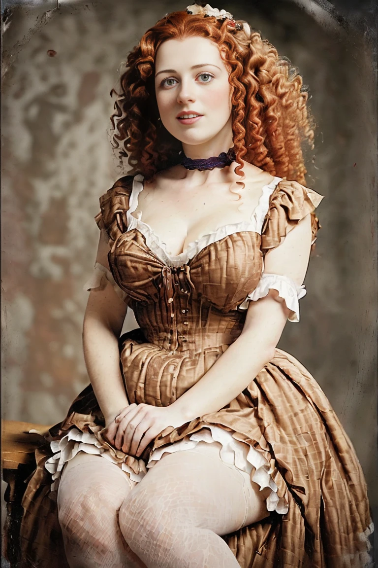 (Artista de vaudeville), (Palco de Londres), (19), uma jovem atriz adolescente de 16 anos, uma sósia de Maude Fealy, ((Aparência realista), (ilustração fotográfica), um sorriso torto e sexy, (extra longo, enorme cabeça de cabelo ruivo encaracolado sexy e solto: 1.5), (sardas bochechas: 1.2), (ombros sardados: 1.2), (clivagem sardada: 1.2), (muita maquiagem no rosto e no peito com pó branco: 1.2), (muito ruge em sua bochecha: 1.2), Tiro de meio corpo, corpete preto sexy apertado amarrado, uma camisa branca transparente, uma saia preta fica justa nos quadris, mostrando seus quadris e bunda bem torneados, ((sentado para uma foto visível da saia levantada)), ((crinolinas visíveis: 1.0)), ((sexy coxas nuas de alabastro, pernas e joelhos são visíveis)), ((Coxas sardas: 1.2)), (seio jovem e firme de tamanho médio e decote: 1.2), (cintura pequena: 1.2) (quadris e bunda redondos completos: 1.1) (formato clássico do corpo da mulher vitoriana: 1.0), Delineador de gato preto maquiagem, (coloque uvas e folhas verdes de uva no cabelo) Alto contraste, reddish townscape theatre scrim Fundo, Fundo, ela está iluminada por um holofote, ((ela está sentada no palco de um teatro londrino “West End” da era Victoria m)), estilo Gustav Klimt, Egon Schiele, surrealismo, flores, redemoinhos, foto danificada, Hasselblad, Grão de filme, papel de parede da unidade 8k, foco nitído, Alta definição, Obra de arte, ângulo dinâmico, Composição da regra dos terços, iluminação sobrenatural, dispersão subterrânea, f2, 35mm, bokeh, borrão,  