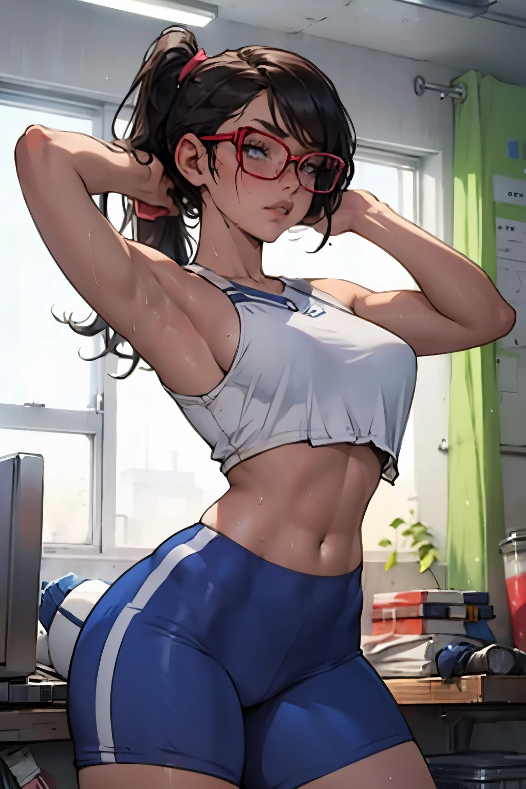 sweaty sexy teen athlete, glasses, nerdy, athletic, toned