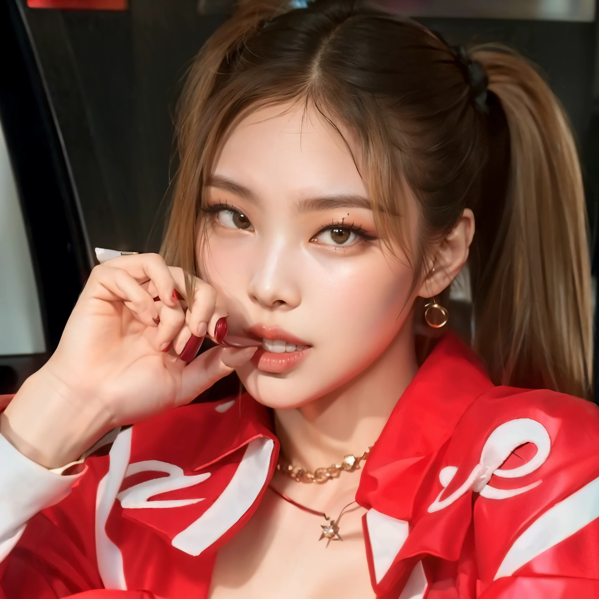 araffe woman in a red jacket sitting in a car, portrait of jossi do blackpink, lalisa manobal, parque roseanne de blackpink, heonhwa choe, portrait of female Korean idol, tzuyu from twice, maquiagem sul-KOREAN popular, Korean idol, sakimichan, jossi do blackpink,  KOREAN, kda