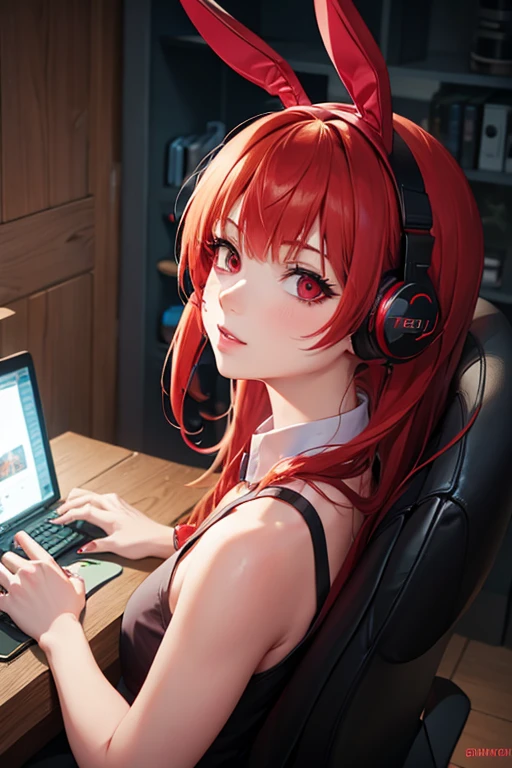 a red haired woman with red eyes is playing games in bunny headphones
