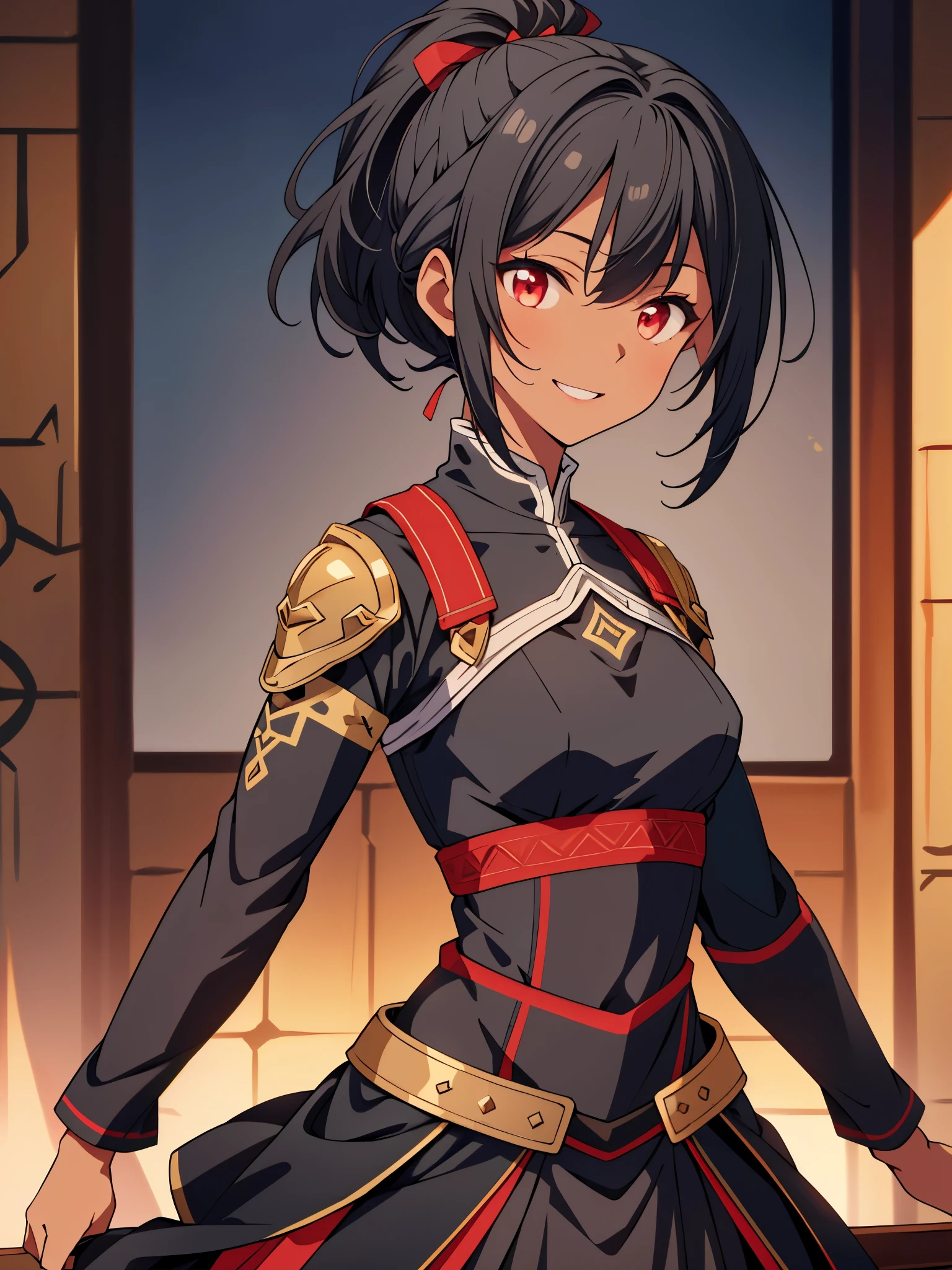 dreamy, (masterpiece), best quality, 1girl, Black short hair, amazing, beautiful detailed eyes, red eyes, fine details, depth of field, extremely detailed CG, ((Black skin)), Medieval outfit, Medieval black skirt, Medieval black shirt with red details, red sleeve, small breasts, muscular girl, korra, dark skin, dark-skinned female, ponytail, hair tubes, short hair, perfect anatomy, perfect hands, 1girl, solo,(high detailed skin:1.2), beautiful (skinny:0.8), (black skin:0.2), medieval background , smiling, Stop, 