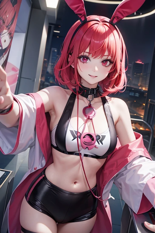 a red haired woman with red eyes is playing games in bunny headphones with a pink haired woman with violet eyes and an hourglass figure and short hair