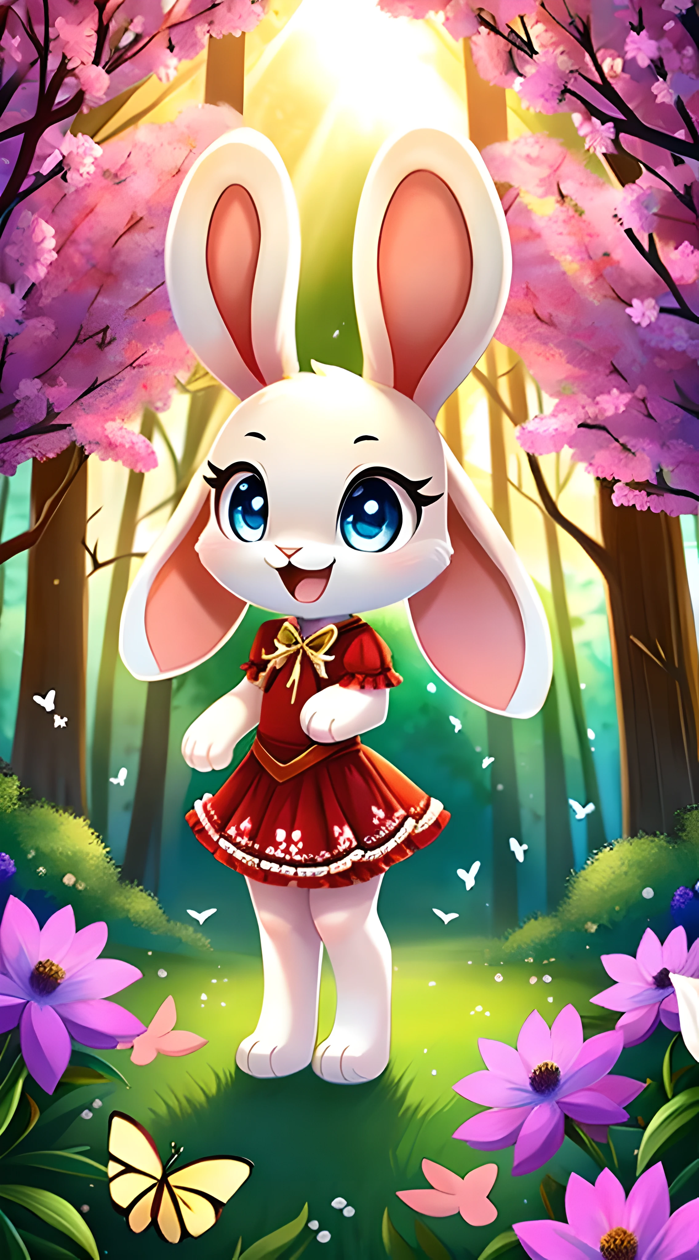 zoomed out image, cute style art, fantasy style art, cute, adorable, short character, small, tiny little fluffy female white bunny with blue eyes, 4 ears, 2 extra ears, big floppy ears, long ears, ears perked up, raised ears, long eyelashes, poofy rabbit tail, wearing a red frilly ribbon dress, smiling, standing in a colorful fantasy forest, big expressive smile, open mouth, wide eyes, excited eyes, excited face, stunning visuals, sunlight coming through the trees, flowers scattered in the bushes, butterflies in the air, digital illustration