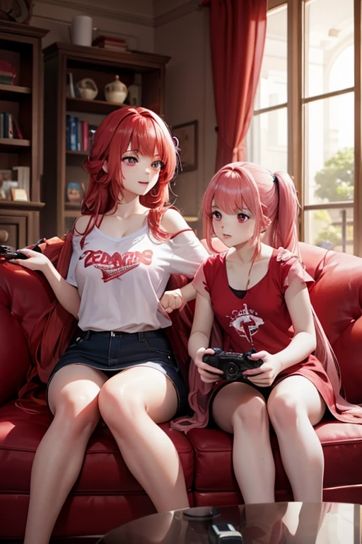 a red haired woman with red eyes is playing video games with two pink haired twin girls with ruby eyes in a living room
