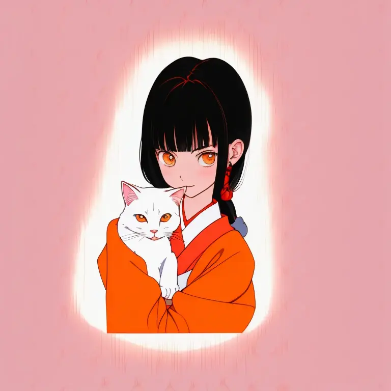 happy anime girl holding a white cat in her hands, inspirado em Rumiko Takahashi, no estilo anime, Rumiko, gato anime, em estilo...