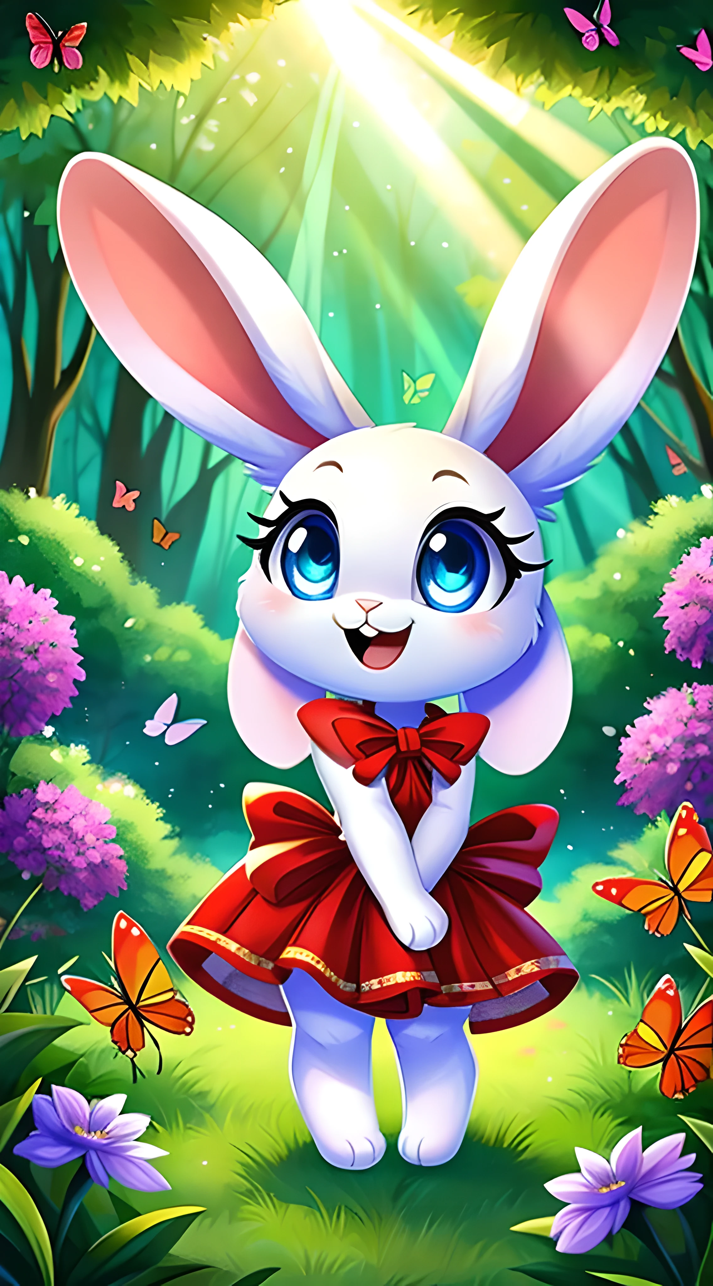 zoomed out image, cute style art, fantasy style art, short character, small, tiny little shapely female white bunny with blue eyes, attractive body, 4 ears, 2 extra ears, big floppy ears, long ears, ears perked up, raised ears, long eyelashes, poofy rabbit tail, wearing a red frilly ribbon dress, smiling, standing in a colorful fantasy forest, big expressive smile, open mouth, wide eyes, excited eyes, excited face, stunning visuals, sunlight coming through the trees, flowers scattered in the bushes, butterflies in the air, digital illustration