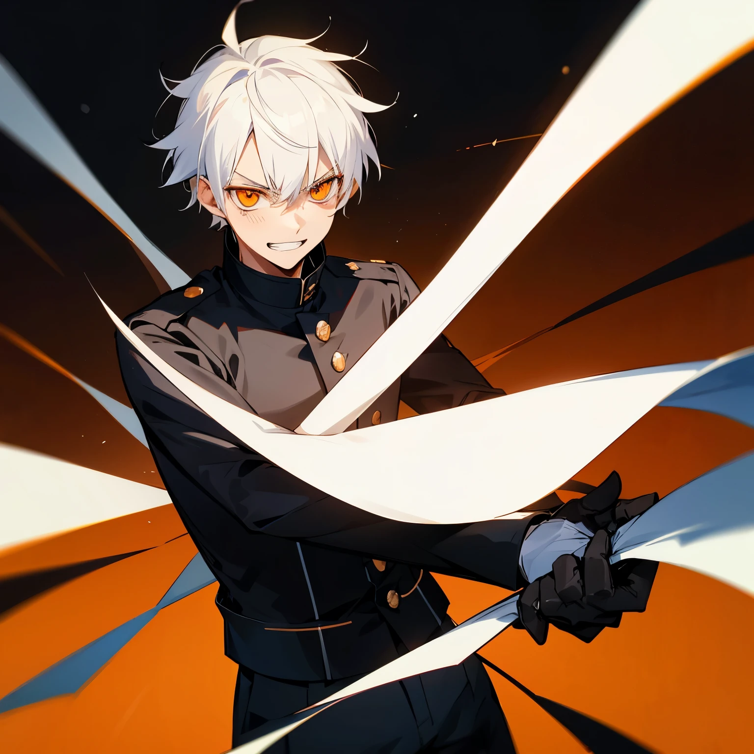 1boy, white hair, orange eyes, annoyed face, wearing black uniform, grin