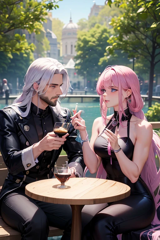 a muscular blonde haired man with blue eyes with a dark beard and long hair is eating in the park with a pink haired woman with violet eyes with an hourglass figure and short hair
