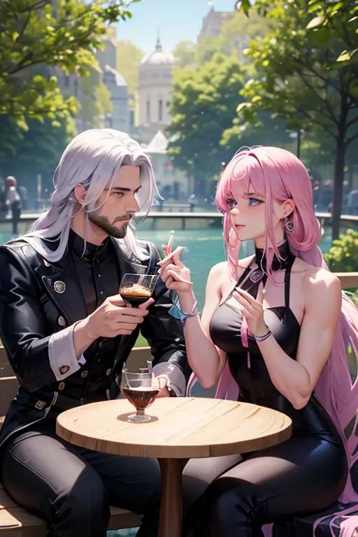 a muscular blonde haired man with blue eyes with a dark beard and long hair is eating in the park with a pink haired woman with ...