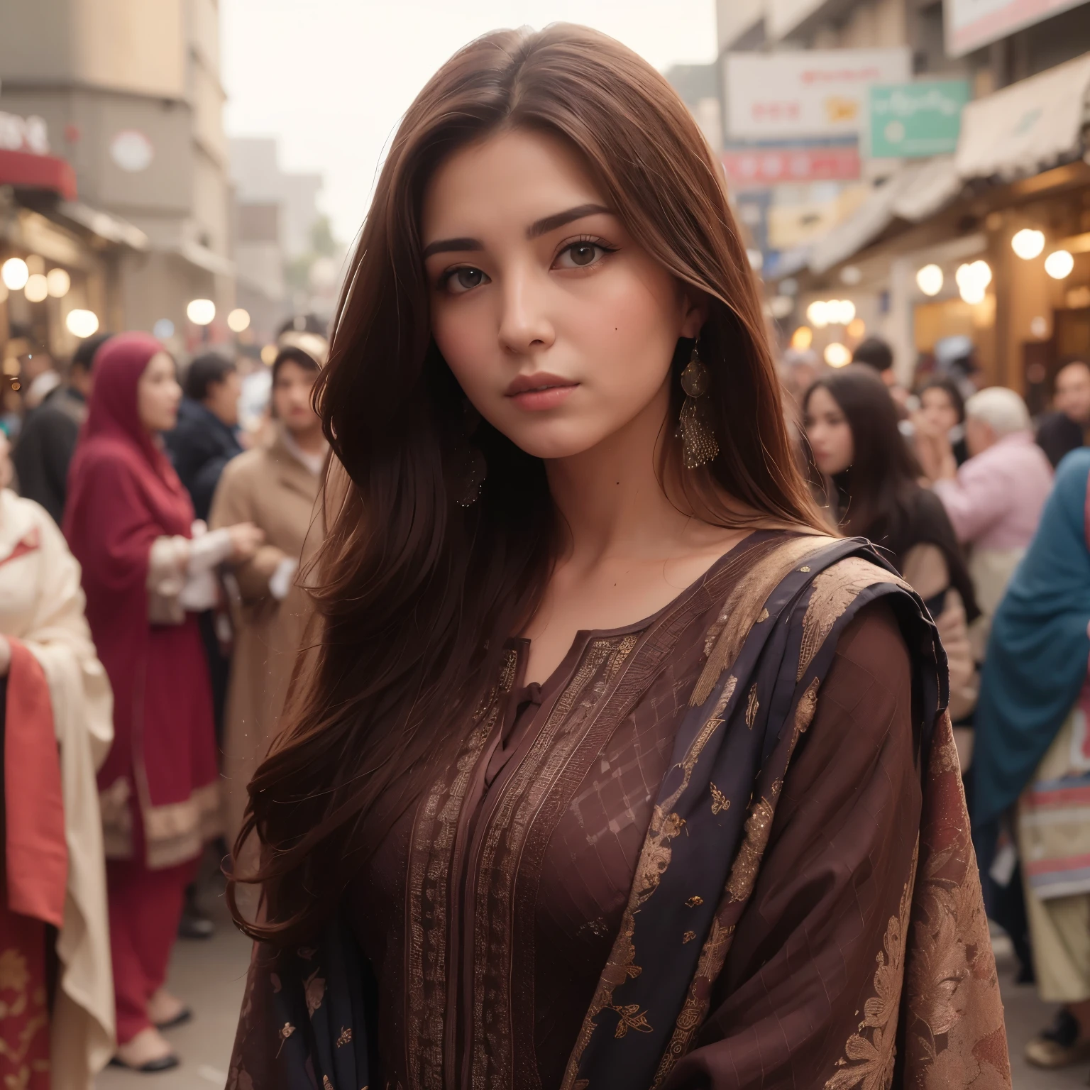 araffe woman in a brown dress standing in a crowded street, maya ali, maya ali mage, maya ali sorcerer, innocent look, beautiful face!!!!, extremely beautiful, rendered in 4 k, maya ali wind sorcerer, portrait shot, maya ali sorceress, beautiful model, portrait shot 8 k, good looking face, very extremely beautiful