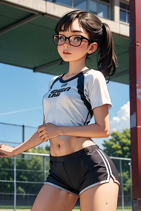 sweaty sexy teen athlete, glasses, nerdy, athletic, toned, sportswear, short shorts