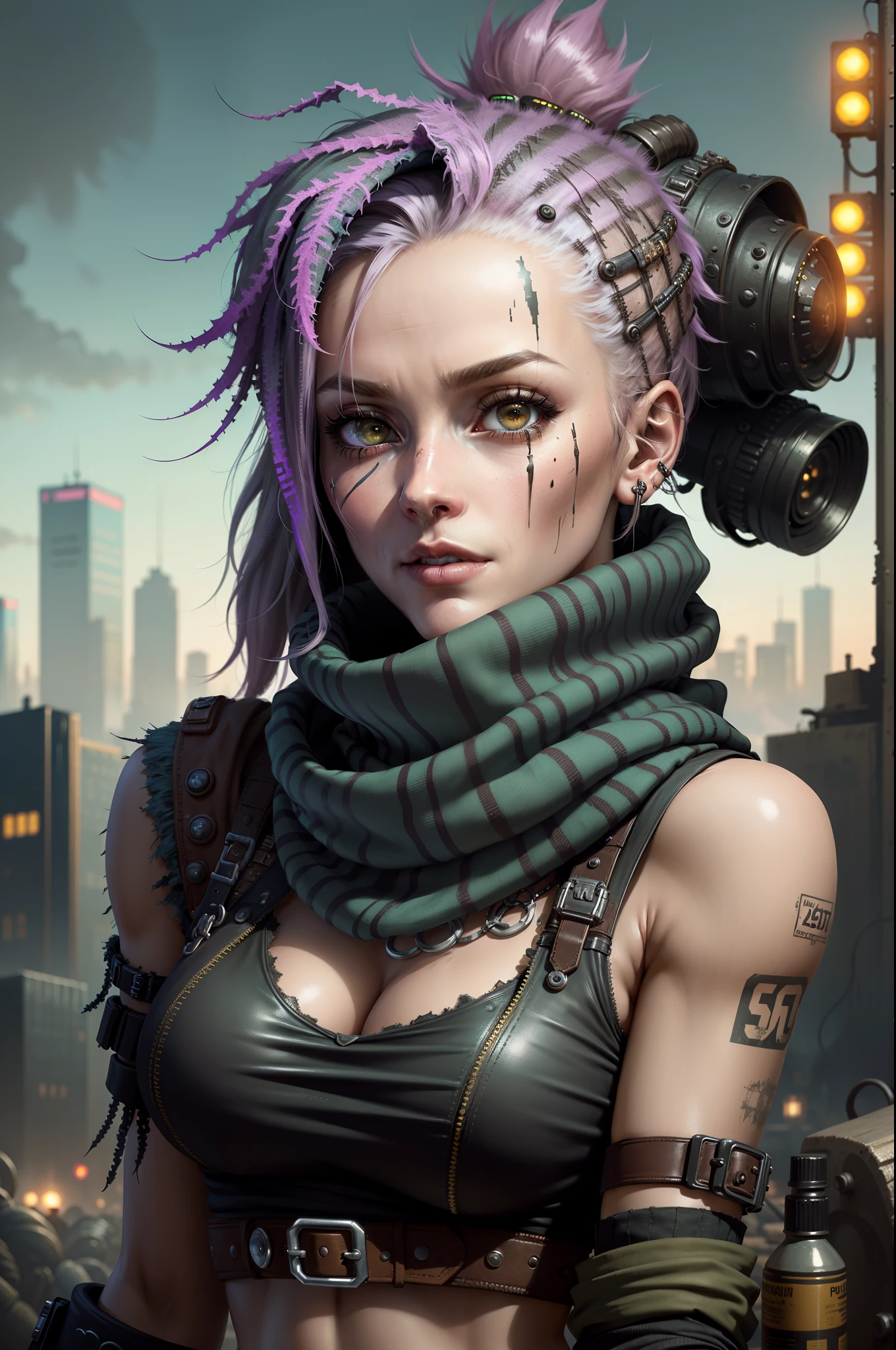 Nahaufnahme einer Frau mit einem Schal auf dem Kopf, postapokalyptische Stimmung, postApokalyptischer Stil, schönes Cyberpunk-Mädchengesicht, badass look, hinreißende Frau, sehr schöne Frau, schönes Cyberpunk-Mädchen, Apokalyptischer Stil, style of cyberpunk, Das Gesicht ist in einen schwarzen Schal gehüllt, schönes Cyberpunk-Frauenmodell, detaillierte Frau, grunge cyberpunk, cyberpunk style color