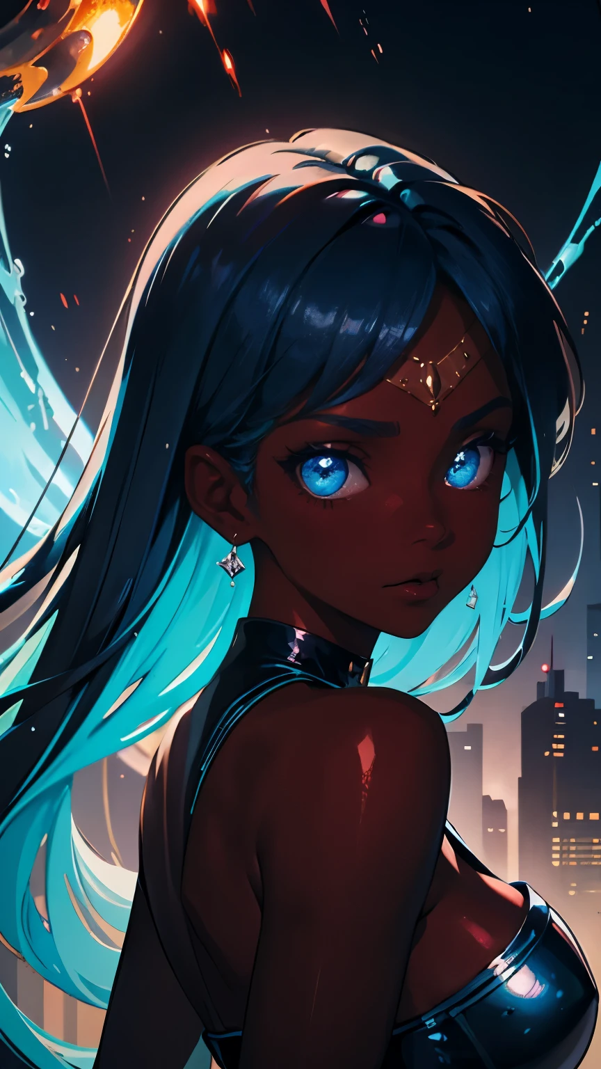 Pretty black woman with a champagne flute, funkypop, cyberdelic, grunge, hyperrealistic anime, lofi art, luminism, manga, medium shot, chemiluminescence, flare, flourescent lightin, character design, atey ghailan, basquiat, colorful_frequencies, ink, aqua colors, auburn color, black olive, blue violet, bordo color, burnt sienna, electric colors, iridescent, dynamic pose, nouveau realisme, sailor moon, city background, Burberry, african american, femme fatale