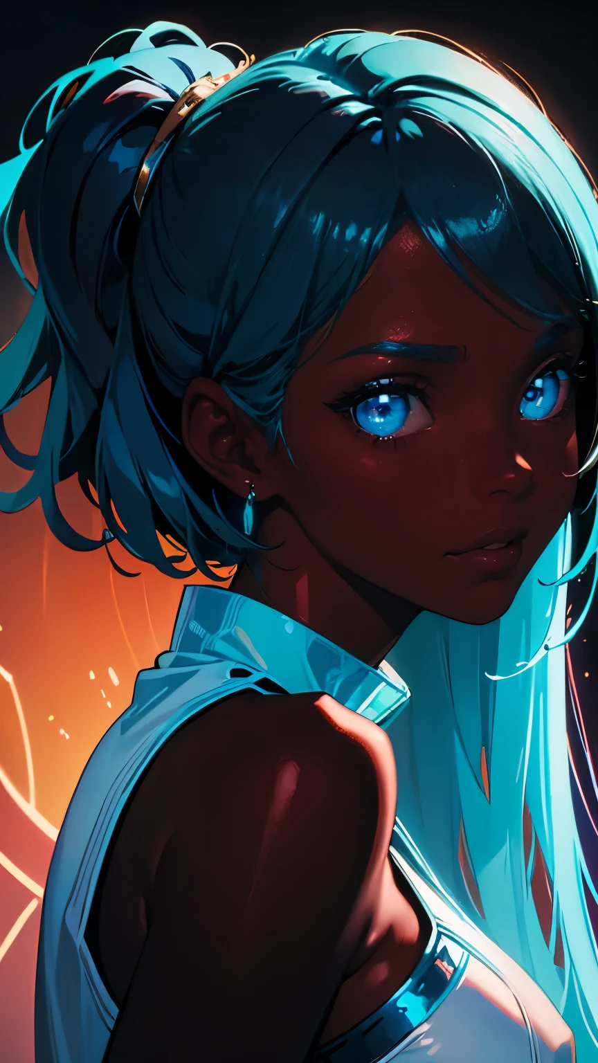 Pretty black woman with a champagne flute, funkypop, cyberdelic, grunge, hyperrealistic anime, lofi art, luminism, manga, medium shot, chemiluminescence, flare, flourescent lightin, character design, atey ghailan, basquiat, colorful_frequencies, ink, aqua colors, auburn color, black olive, blue violet, bordo color, burnt sienna, electric colors, iridescent, dynamic pose, nouveau realisme, city background, Burberry, african american, femme fatale