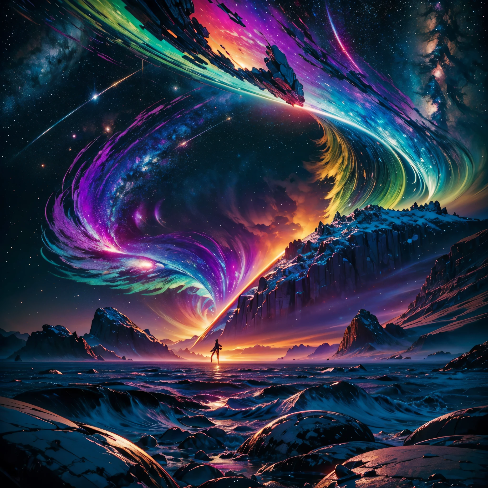 Vibrant Nebulae Octans by_Mappa ((Rain_Color Colorful_liquid_on_naked_body:1.3 Colorful_body Colorful_ink_on_hair:1.2 sunset Rainbow Abundant_colorful_liquids White_liquid fullbodye wet_Color_liquid)) In the vast expanse of the cosmos, a breathtaking image unfolds before your eyes. In the heart of a starry galaxy, vibrant nebula dance and swirl, their ethereal colors blending and intertwining. The scene is a symphony of cosmic beauty, with tendrils of interstellar dust and gas reaching out into the void. The stars shine with an otherworldly brilliance, illuminating the cosmic tapestry that stretches across the vastness of space. It is a visual feast for the senses, an awe-inspiring glimpse into the wonders of the universe. BREAK,Detailed,Realistic, highly detailed digital art,octane render, bioluminescent, BREAK,by Mappa studios,masterpiece,best quality,official art,illustration,ligne claire,(cool_color),perfect composition,absurdres, fantasy,focused,rule of thirds masterpiece meticulously intricate ultra_high-details extreme improved ultra_high-quality ultra_high-res ultra_photo-realistic optimal ultra_sharpness perfection accurate volumetric SunLight Lightning_contrast global_illumination cgi vfx sfx reflex Octane_rendered ultra_high-def UHD XT3 DSLR HDR romm rgb pbr 3dcg fxaa blu-ray vivid colors-coded anti-aliasing fkaa txaa rtx ssao opengl-shaders glsl-shaders post-processing post-production cell-shading tone-mapping ❤luminescence Heart glow hearth Crystalline earth varies multi etc. --s 1000 --c 20 --q 20 --chaos 100