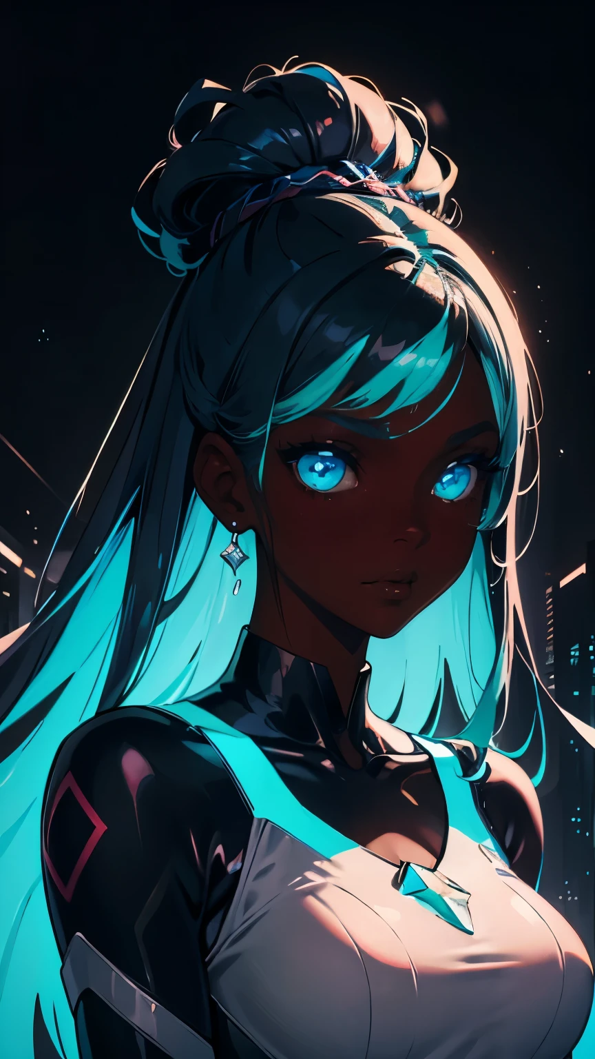 Pretty black woman with a champagne flute, funkypop, cyberdelic, grunge, hyperrealistic anime, lofi art, luminism, manga, medium shot, chemiluminescence, flare, flourescent lightin, character design, atey ghailan, basquiat, colorful_frequencies, electric colors, iridescent, dynamic pose, nouveau realisme, city background, african american, 