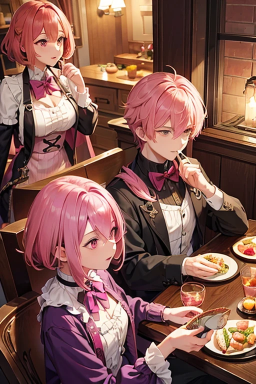 a pink haired handsome man with violet eyes is eating dinner with a pink haired woman with violet eyes and an hourglass figure and short hair and two pink haired female twins with red eyes in a cozy home.
