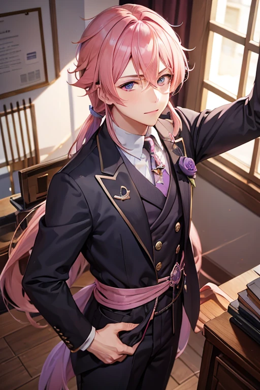 a pink haired handsome man with violet eyes is teaching a class
