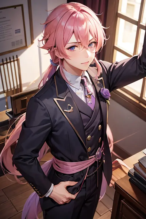 a pink haired handsome man with violet eyes is teaching a class