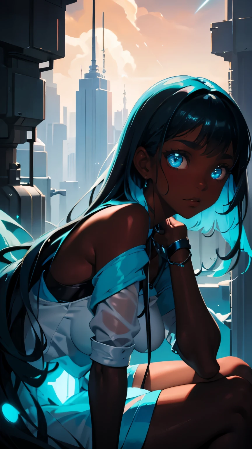 Pretty black woman sitting on a hillside, soft hair, funkypop, cyberdelic, grunge, hyperrealistic anime, lofi art, luminism, manga, medium shot, chemiluminescence, flare, flourescent lightin, character design, atey ghailan, basquiat, colorful_frequencies, electric colors, iridescent, dynamic pose, nouveau realisme, city background, african american, 