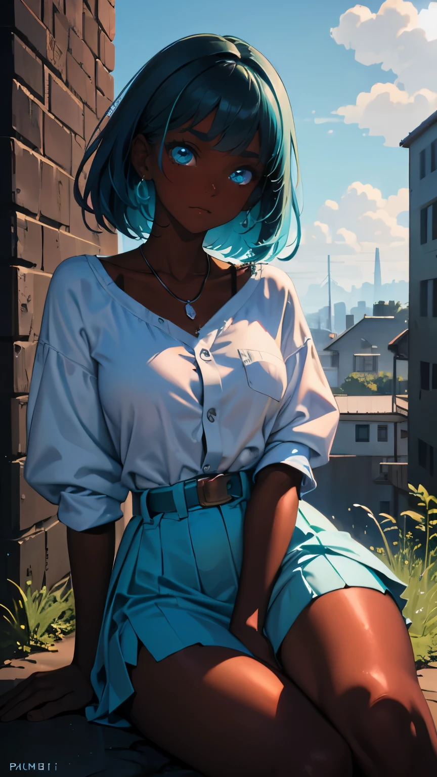 Pretty black woman sitting on a hillside, soft hair, funkypop, cyberdelic, grunge, hyperrealistic anime, lofi art, luminism, manga, medium shot, chemiluminescence, flare, flourescent lightin, character design, atey ghailan, basquiat, colorful_frequencies, electric colors, iridescent, dynamic pose, nouveau realisme, city background, african american, 