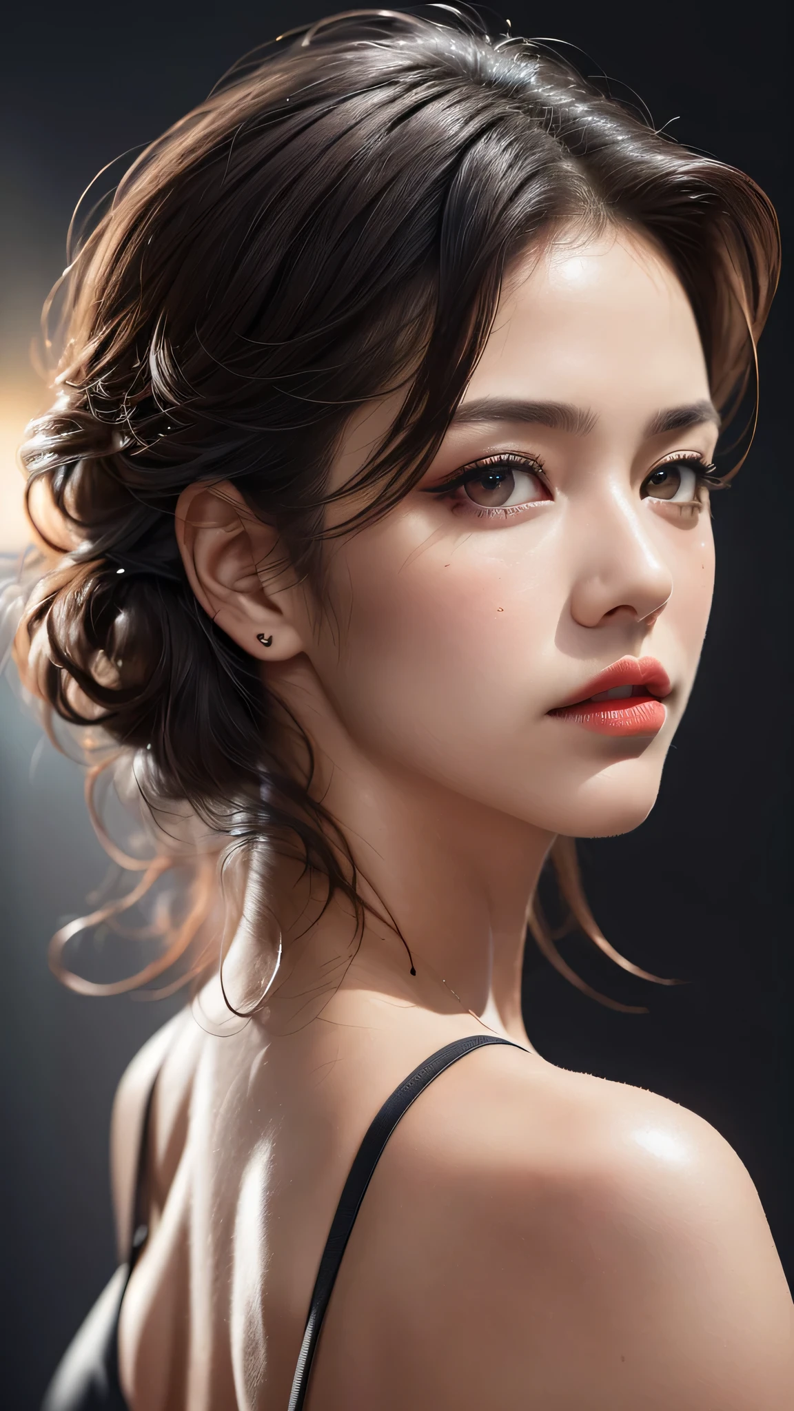 dressed, (photo realistic:1.4), (hyper realistic:1.4), (realistic:1.3), (smoother lighting:1.05), (increase cinematic lighting quality:0.9), 32K, 1girl,25yo girl, realistic lighting, backlighting, light on face, ray trace, (brightening light:1.2), (Increase quality:1.4), (best quality real texture skin:1.4), finely detailed eyes, finely detailed face, finely quality eyes, (tired and sleepy and satisfied:0.0), ((face closeup)), bikini, korean girl, (Increase body line mood:1.1), (Increase skin texture beauty:1.1), (light makeup, [[pink lipstick]], eyeliner), ((dark-Brown eyes)), (((dark medium (((hair slicked to the two side))), extremely detailed))), with a perfect body, super fine face and eyes,
