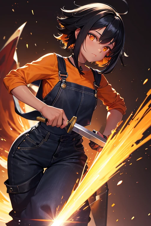 A petite black haired woman with orange eyes is welding a sword in work overalls
