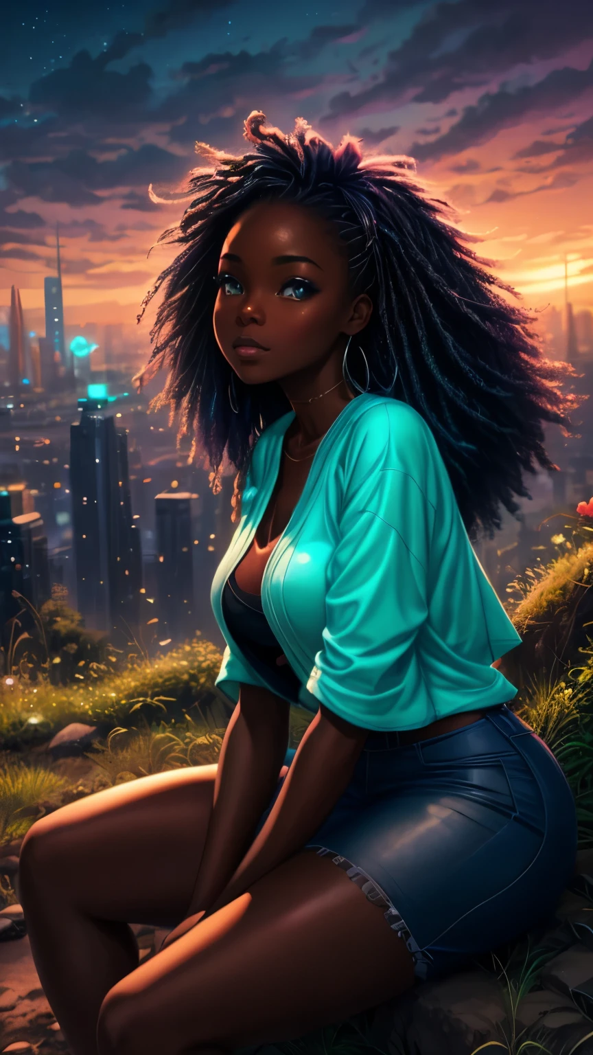 Bonita mujer negra sentada en una ladera, Pelo suave, funkypop, ciberdélico, grunge, anime hiperrealista, estilo lofi, luminism, manga, tiro medio, quimioluminiscencia, llamarada, iluminación fluorescente, diseño de personaje, Atey Ghailan, basquiat, Vistoso_frecuencias, Colores eléctricos, iridescent, pose dinámica, nuevo realismo, Fondo de la ciudad, afroamericano