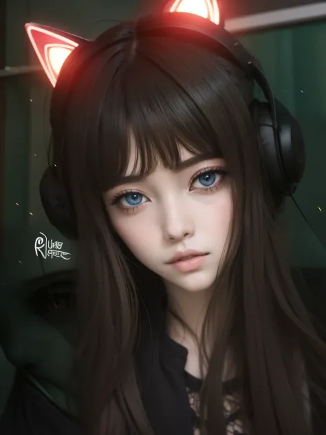 garota anime com fones de ouvido e orelhas de gato com sangue no rosto, [ 4 k arte digital ]!!, obras de arte no estilo de guwei...