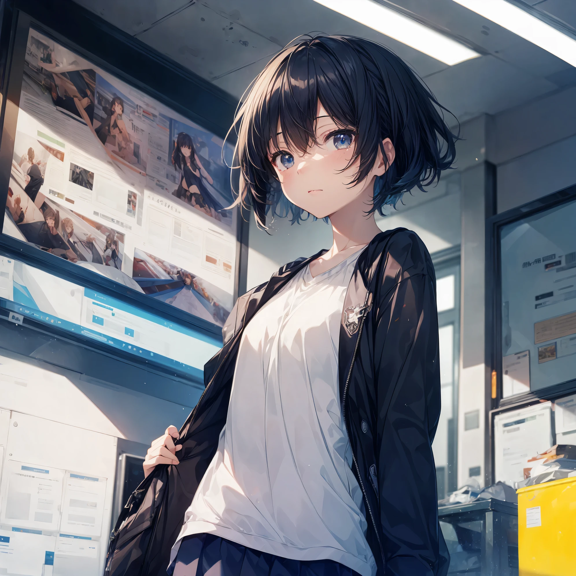 黒髪碧眼のアニメの女の子がコンピューターの前に立っている - SeaArt AI