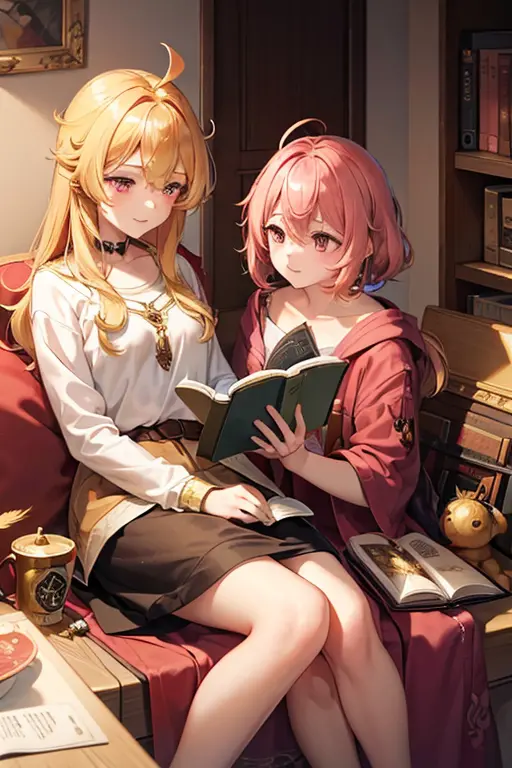 a golden haired female angel with hazel eyes and golden feathers is reading a book to a pink haired girl with red eyes